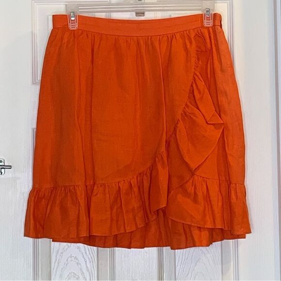 J. Crew 100% Linen Ruffle Hem Faux Wrap Mini Skirt Citrus Poppy Orange Size 10 - Picture 3 of 12